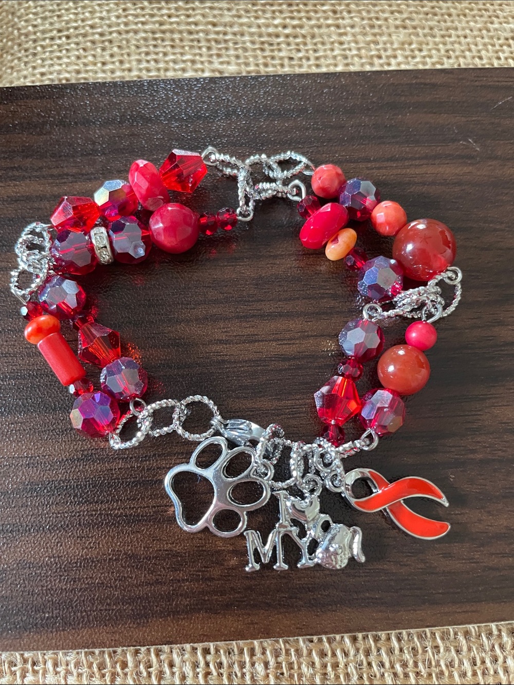 Red Beaded Charm Bracelet with Paw & Ribbon Charms